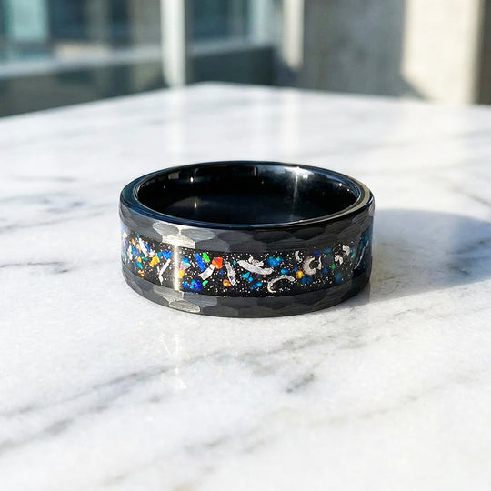 Barrel Hammered Opal Meteorite Inlay Black Tungsten Carbide Ring - Ring | Singapore Jewellery, Wedding Rings &amp; Gifts | Same Day Delivery | Tiara.com.sg