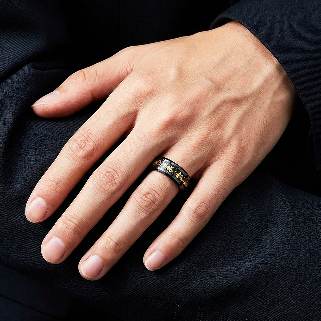 Black Gold Polished Gold Foil Inlay Black Tungsten Carbide Ring - Ring | Singapore Jewellery, Wedding Rings &amp; Gifts | Same Day Delivery | Tiara.com.sg