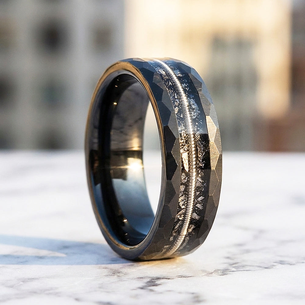 Blackcoil Hammered Guitar String Meteorite Inlay Black Tungsten Carbide Ring - Ring | Singapore Jewellery, Wedding Rings & Gifts | Same Day Delivery | Tiara.com.sg