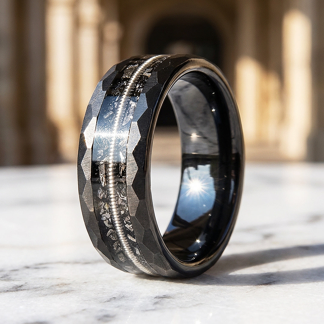 Blackcoil Hammered Guitar String Meteorite Inlay Black Tungsten Carbide Ring - Ring | Singapore Jewellery, Wedding Rings & Gifts | Same Day Delivery | Tiara.com.sg
