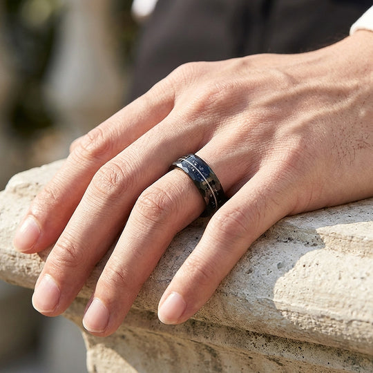 Blackcoil Hammered Guitar String Meteorite Inlay Black Tungsten Carbide Ring - Ring | Singapore Jewellery, Wedding Rings &amp; Gifts | Same Day Delivery | Tiara.com.sg