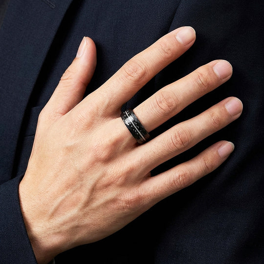 Blackcoil Hammered Guitar String Meteorite Inlay Black Tungsten Carbide Ring - Ring | Singapore Jewellery, Wedding Rings &amp; Gifts | Same Day Delivery | Tiara.com.sg