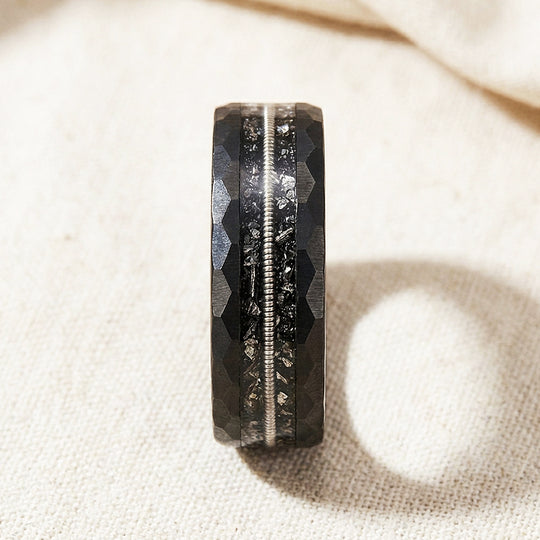 Blackcoil Hammered Guitar String Meteorite Inlay Black Tungsten Carbide Ring - Ring | Singapore Jewellery, Wedding Rings &amp; Gifts | Same Day Delivery | Tiara.com.sg