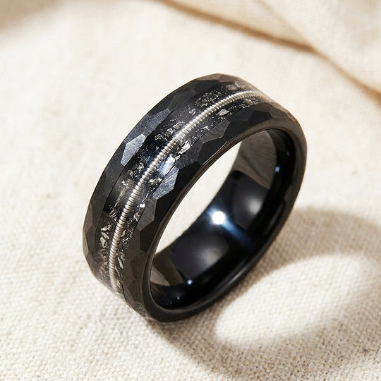 Blackcoil Hammered Guitar String Meteorite Inlay Black Tungsten Carbide Ring - Ring | Singapore Jewellery, Wedding Rings &amp; Gifts | Same Day Delivery | Tiara.com.sg