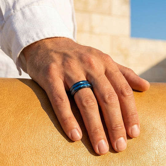 Blue Lake | Hammered Blue and Black Grooved Tungsten Carbide | Men&