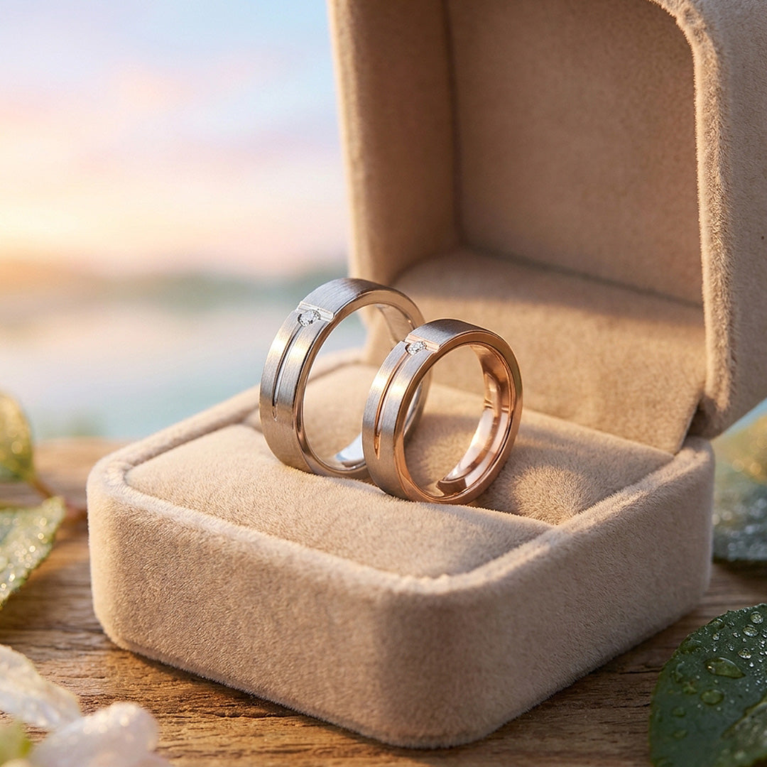 Buttermilk | Brushed Grooved Single-Stone Flat Wedding Band