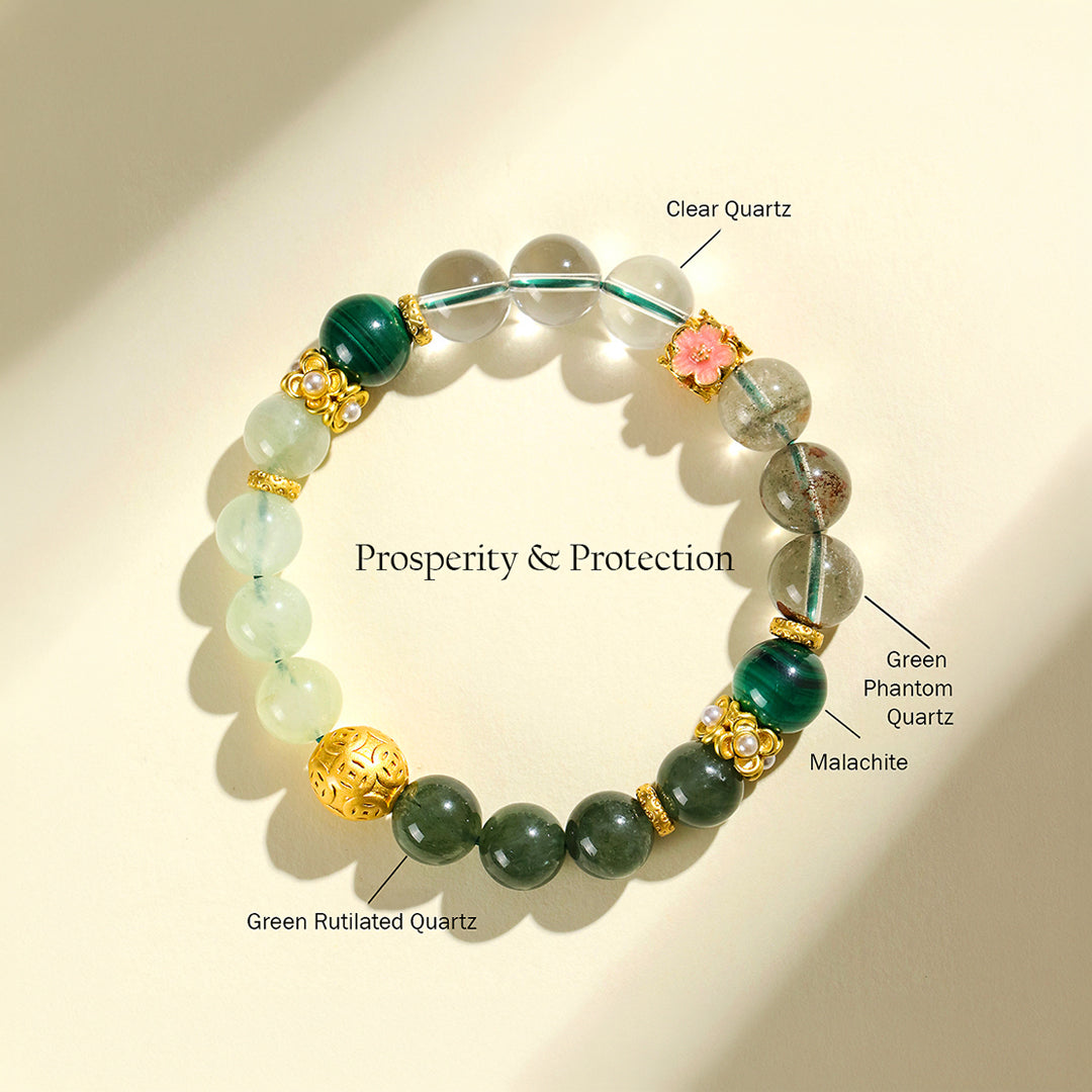 Green Phantom Quartz &amp; Malachite Prosperity Natural Crystal Bracelet | C159