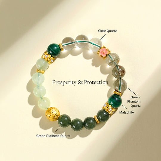 Green Phantom Quartz &amp; Malachite Prosperity Natural Crystal Bracelet | C159