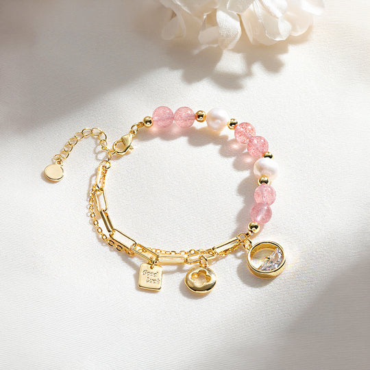 Strawberry Quartz &amp; Freshwater Pearl Love Natural Crystal Bracelet | C162