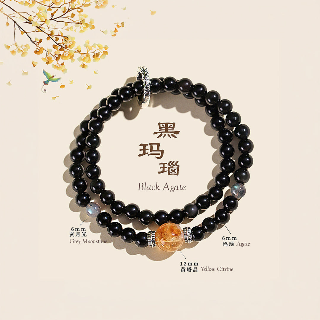 Grey Moonstone &amp; Black Agate Prosperity Natural Crystal Bracelet Set | C178