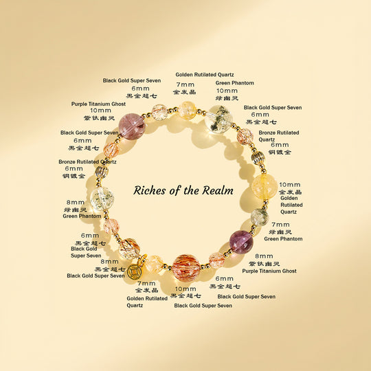Golden Rutilated Quartz &amp; Black Gold Super Seven Prosperity Natural Crystal Bracelet | C186