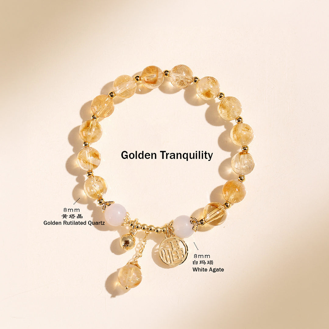 Golden Rutilated Quartz &amp; White Agate Prosperity Natural Crystal Bracelet | C188