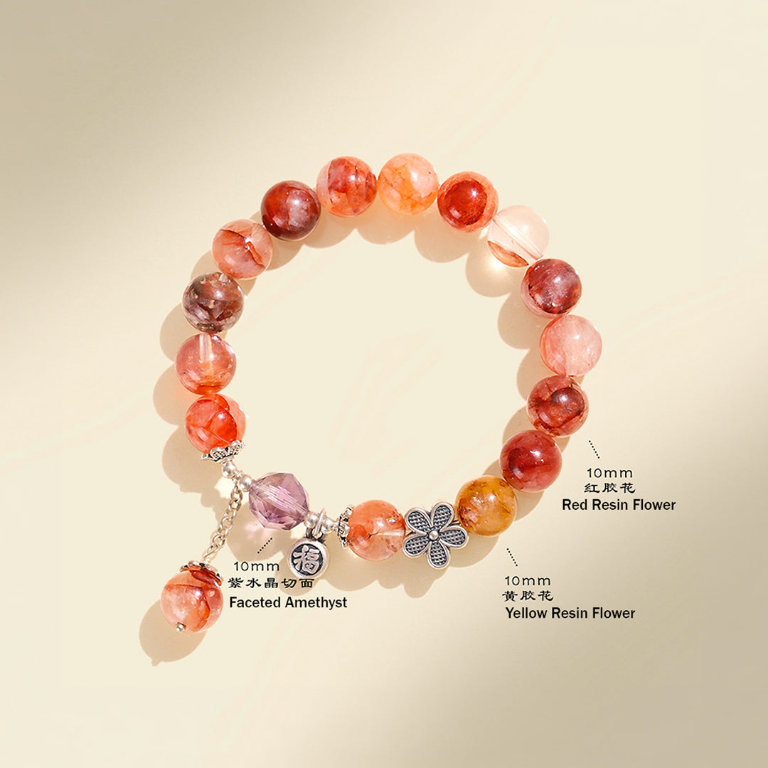 Amethyst &amp; Red Flower Charm Natural Crystal Bracelet | C199