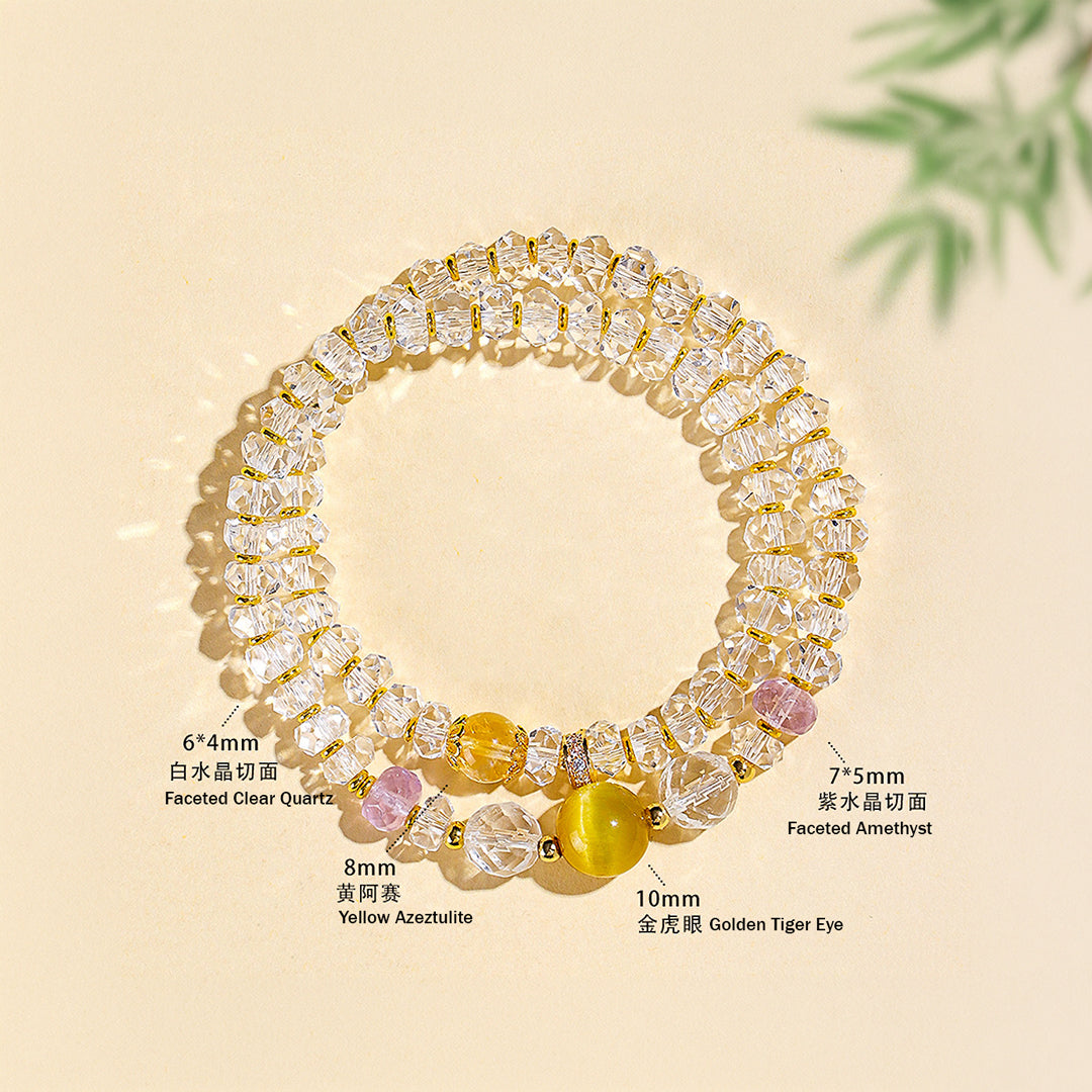 Clear Quartz, Amethyst &amp; Tiger Eye Double-Layer Natural Crystal Bracelet | C205