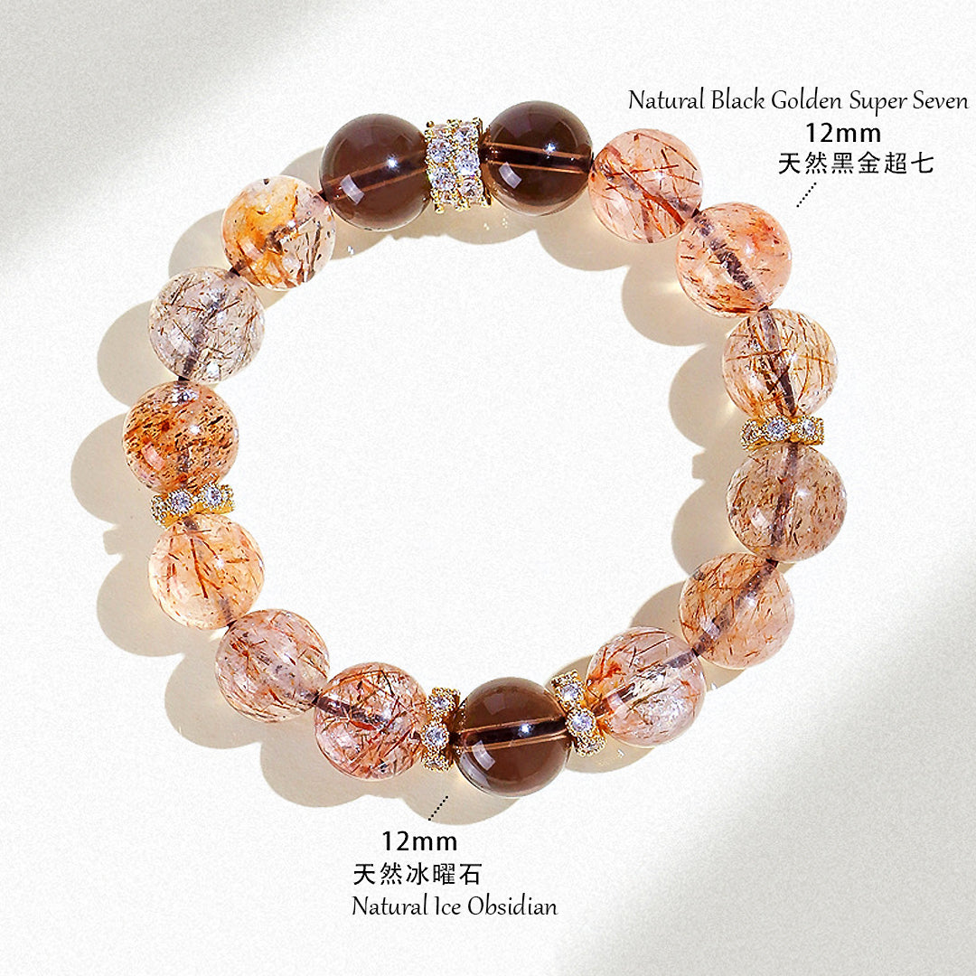 Black Golden Super Seven & Ice Obsidian Natural Crystal Bracelet