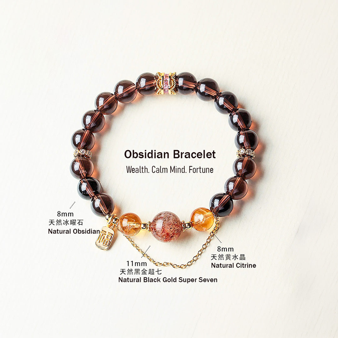Obsidian &amp; Citrine Wealth Manifestation Natural Crystal Bracelet | C228