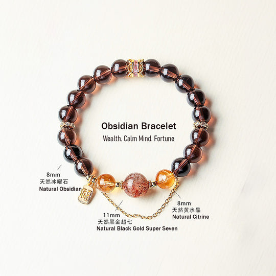 Obsidian &amp; Citrine Wealth Manifestation Natural Crystal Bracelet | C228