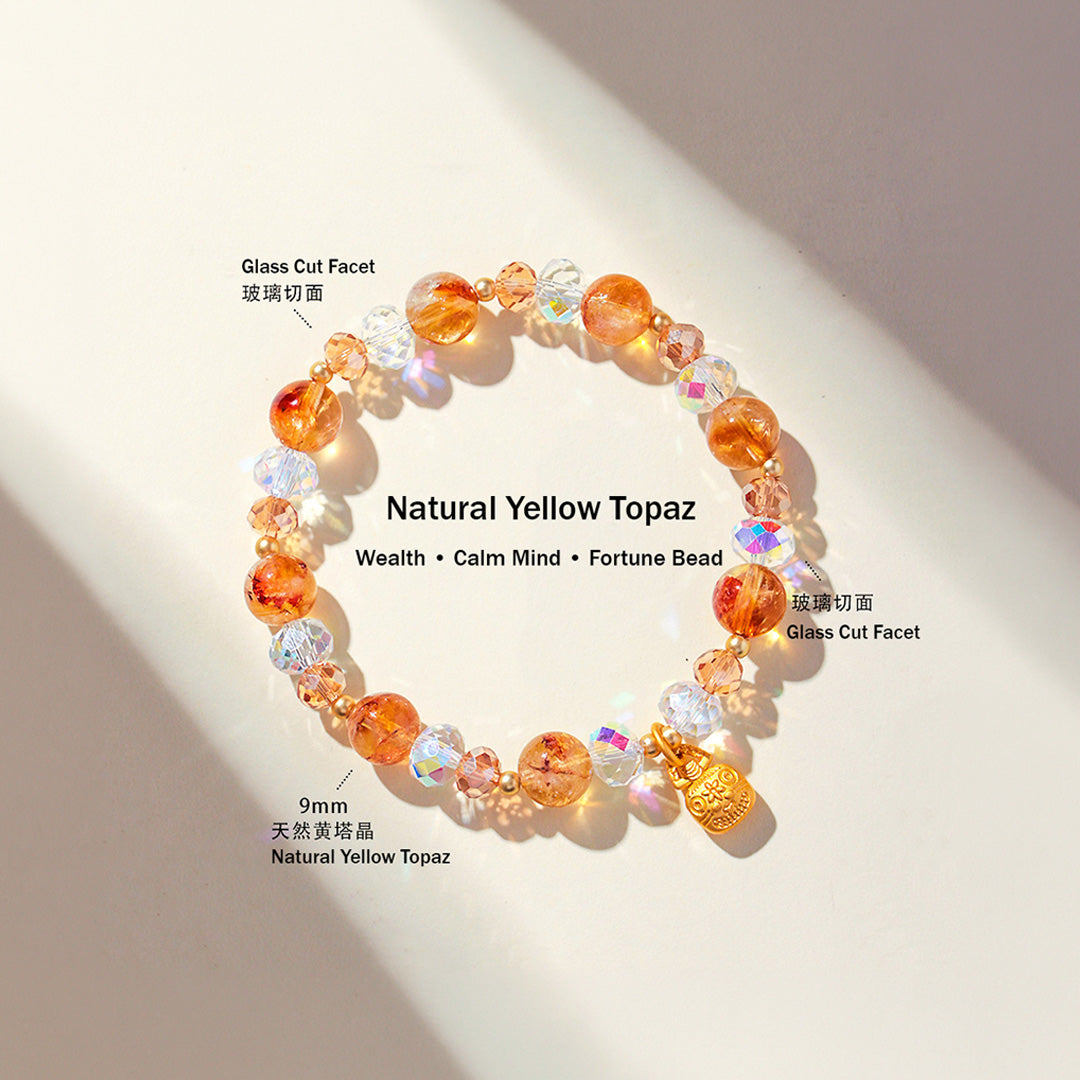 Yellow Topaz, Strawberry Quartz &amp; Amethyst Natural Crystal Bracelet | C229