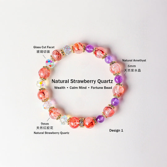 Yellow Topaz, Strawberry Quartz &amp; Amethyst Natural Crystal Bracelet | C229