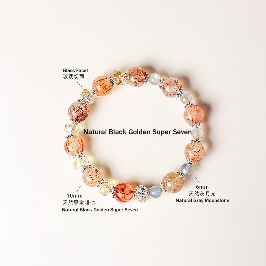 Aquamarine, Black Golden Super Seven &amp; Gray Moonstone Natural Crystal Bracelet | C232
