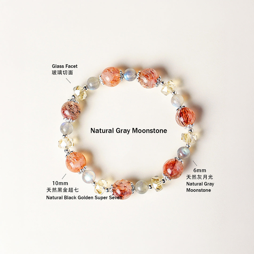 Aquamarine, Black Golden Super Seven &amp; Gray Moonstone Natural Crystal Bracelet | C232
