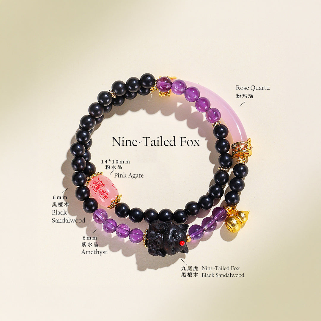 Amethyst &amp; Pink Agate Nine-Tailed Fox Natural Crystal Bracelet | C238