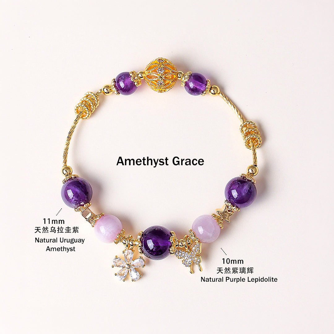 Uruguay Amethyst &amp; Rose Quartz Celestial Bloom Natural Crystal Bracelet | C248