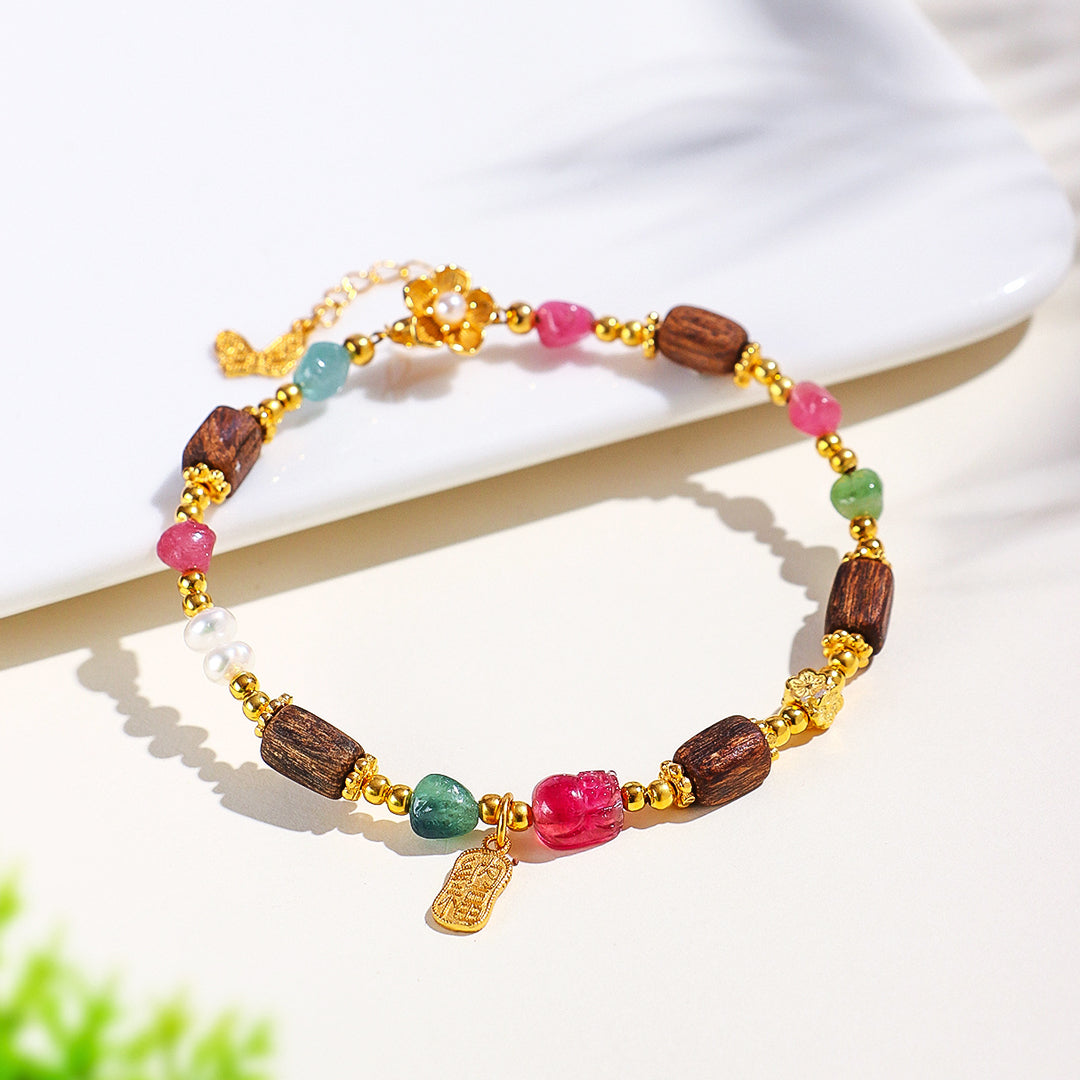 C256 – Tourmaline, Agarwood & Pearl Bracelet