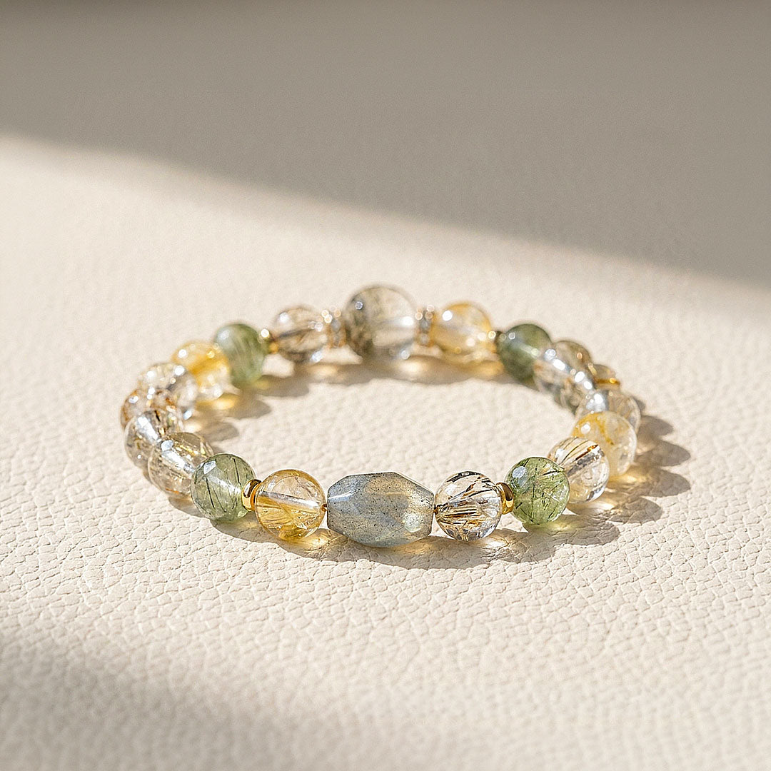 Grey Moonstone, Green Rutilated Quartz, Black Gold Super Seven &amp; Yellow Tower Quartz | SKU: C279