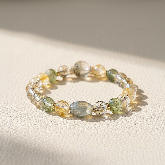 Grey Moonstone, Green Rutilated Quartz, Black Gold Super Seven &amp; Yellow Tower Quartz | SKU: C279