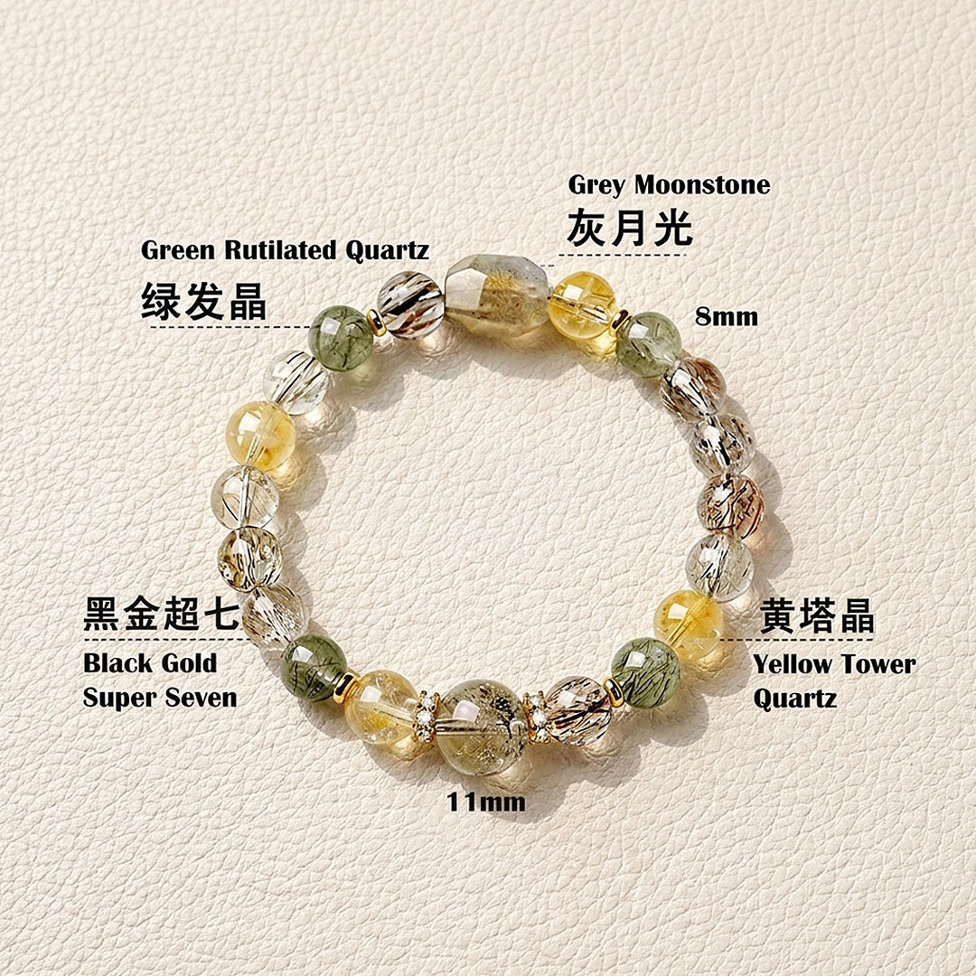 Grey Moonstone, Green Rutilated Quartz, Black Gold Super Seven &amp; Yellow Tower Quartz | SKU: C279