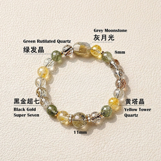 Grey Moonstone, Green Rutilated Quartz, Black Gold Super Seven &amp; Yellow Tower Quartz | SKU: C279