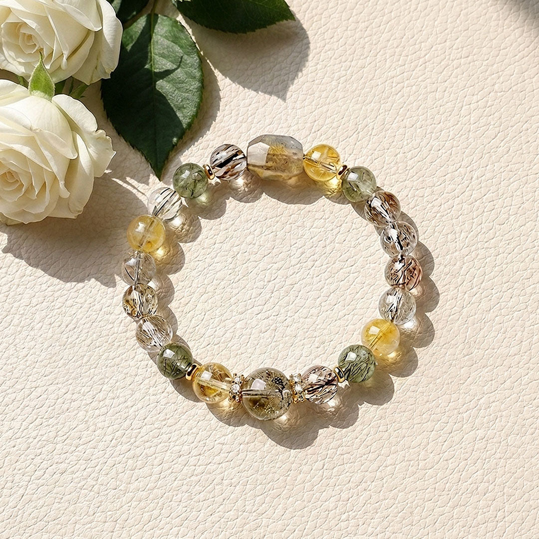 Grey Moonstone, Green Rutilated Quartz, Black Gold Super Seven &amp; Yellow Tower Quartz | SKU: C279