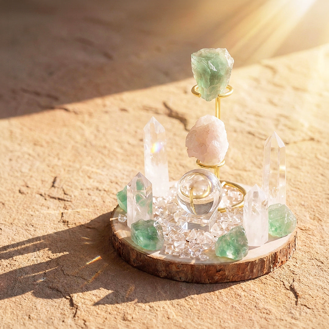 Green Fluorite &amp; Clear Quartz Crystal Array | CE8009
