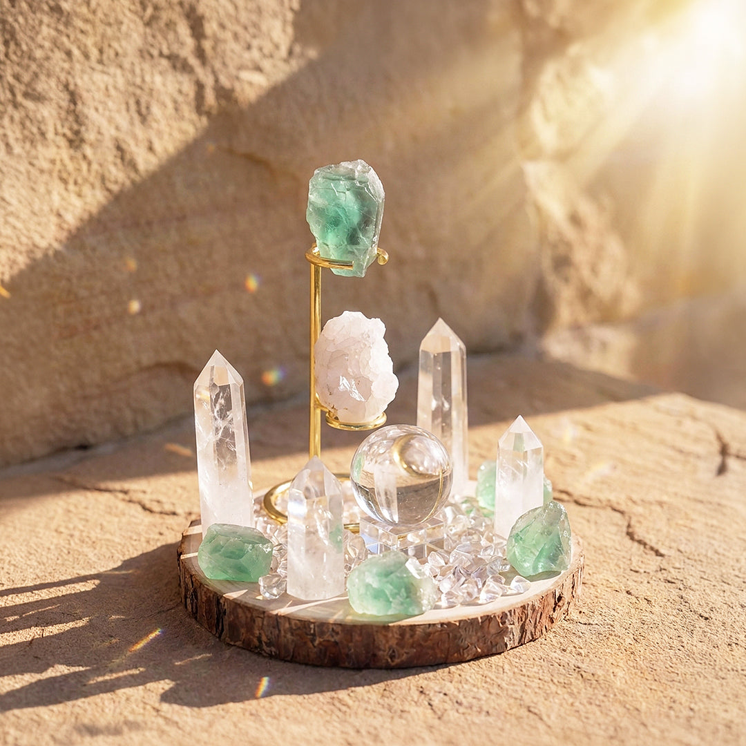 Green Fluorite &amp; Clear Quartz Crystal Array | CE8009