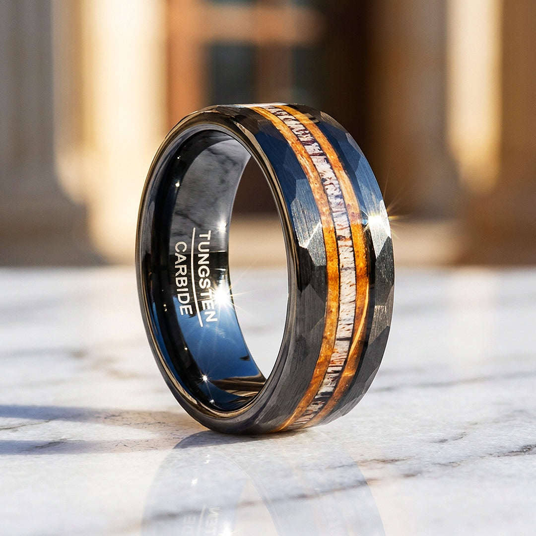 Canyon Grain Hammered Wood Antler Inlay Black Tungsten Carbide Ring - Ring | Singapore Jewellery, Wedding Rings &amp; Gifts | Same Day Delivery | Tiara.com.sg