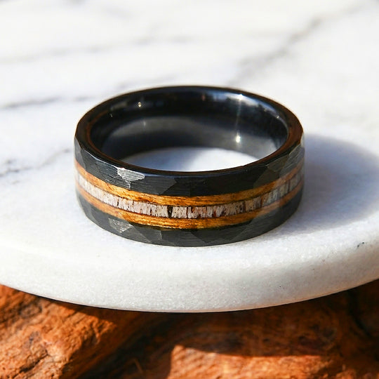 Canyon Grain Hammered Wood Antler Inlay Black Tungsten Carbide Ring - Ring | Singapore Jewellery, Wedding Rings &amp; Gifts | Same Day Delivery | Tiara.com.sg