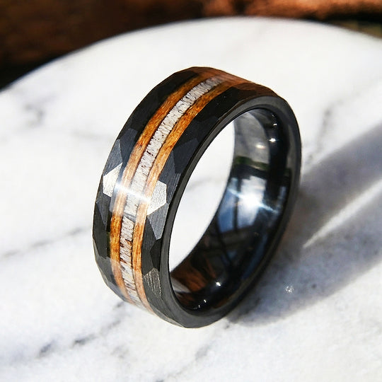 Canyon Grain Hammered Wood Antler Inlay Black Tungsten Carbide Ring - Ring | Singapore Jewellery, Wedding Rings &amp; Gifts | Same Day Delivery | Tiara.com.sg