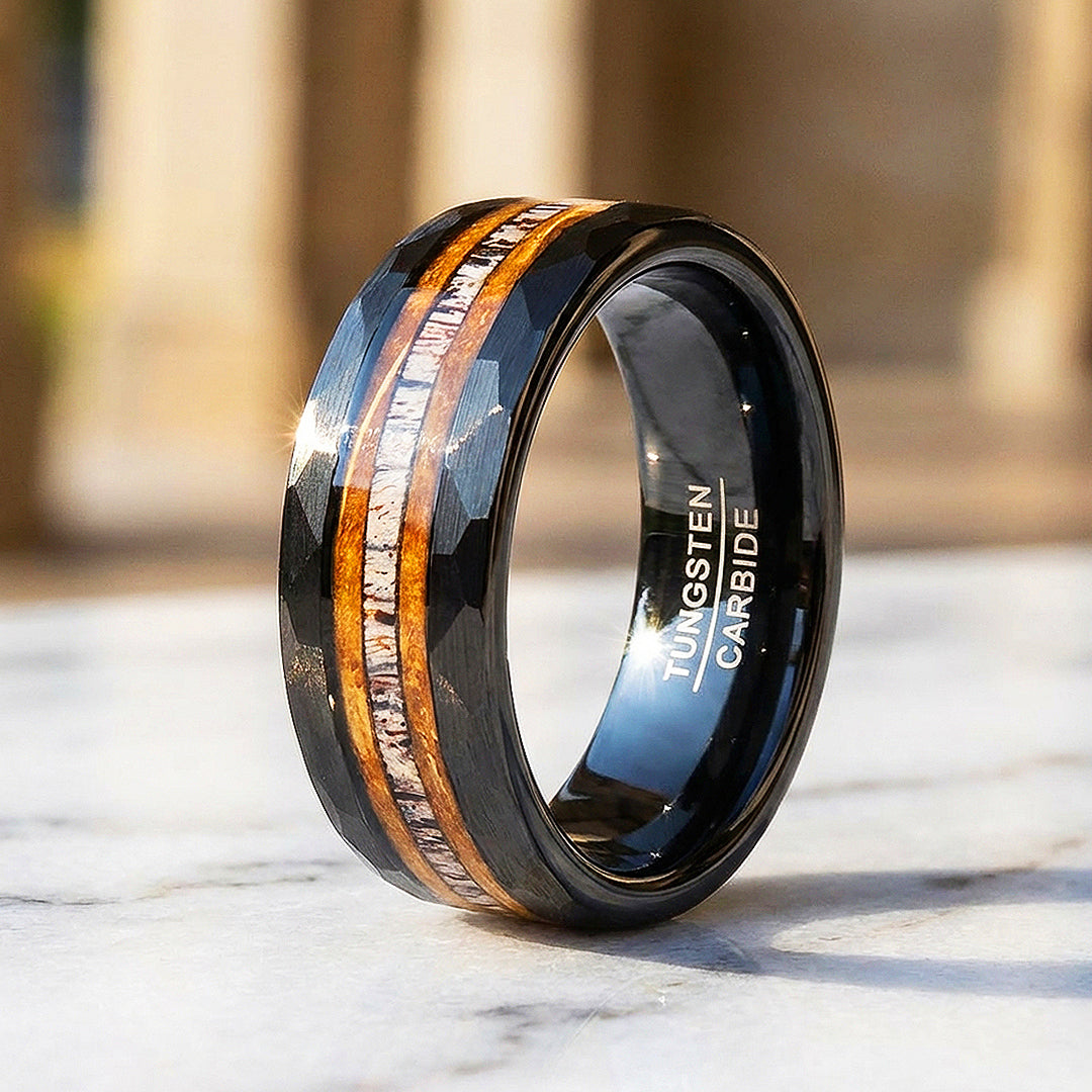 Canyon Grain Hammered Wood Antler Inlay Black Tungsten Carbide Ring - Ring | Singapore Jewellery, Wedding Rings & Gifts | Same Day Delivery | Tiara.com.sg