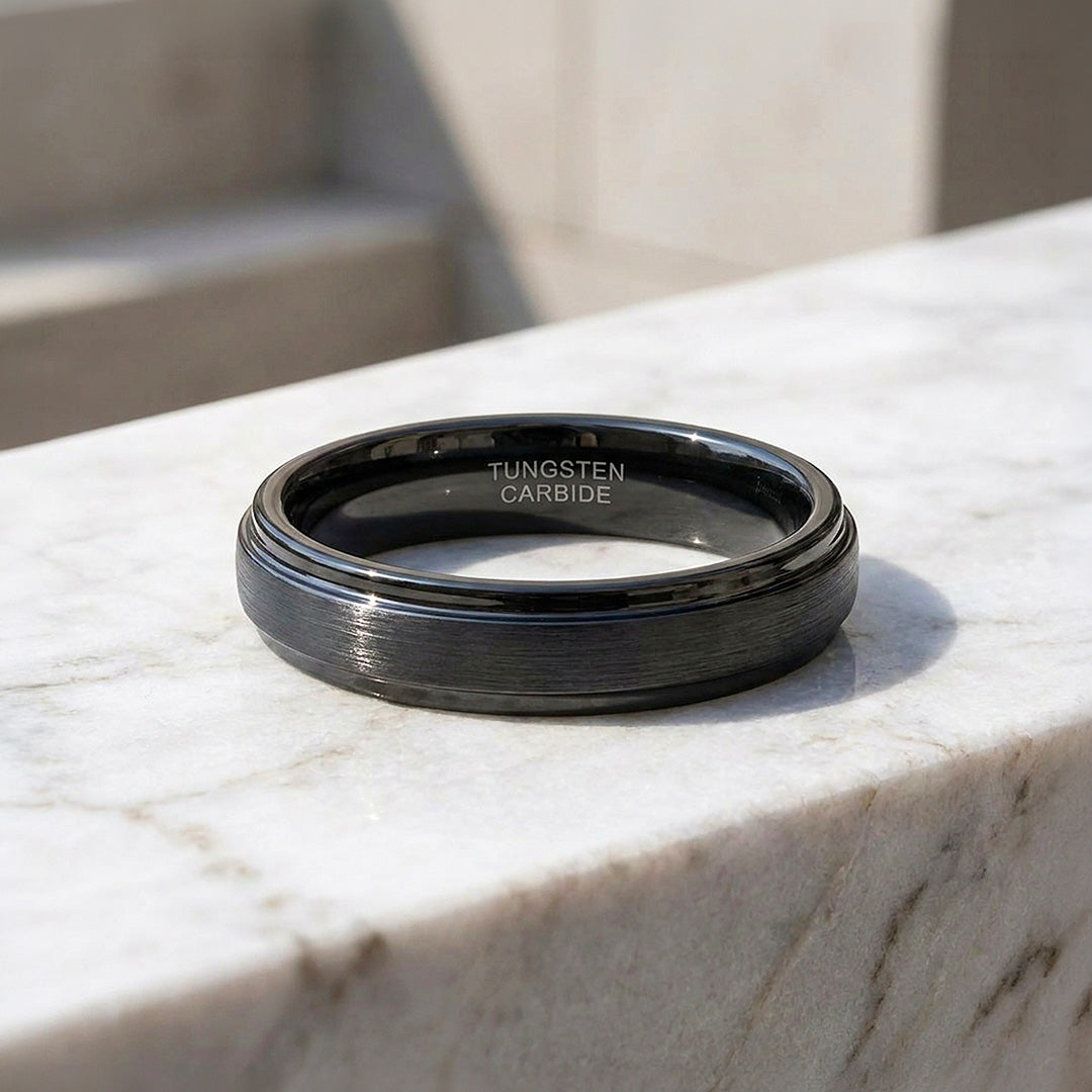 Carbonight | Black Brushed Stepped Edge Tungsten Carbide | Men&