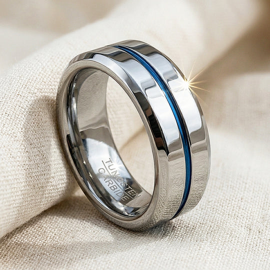 Chasin Polished Blue Groove Tungsten Carbide Ring - Ring | Singapore Jewellery, Wedding Rings &amp; Gifts | Same Day Delivery | Tiara.com.sg