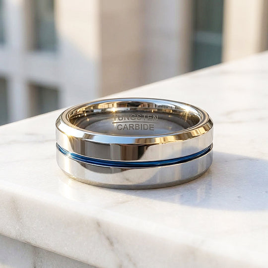 Chasin Polished Blue Groove Tungsten Carbide Ring - Ring | Singapore Jewellery, Wedding Rings &amp; Gifts | Same Day Delivery | Tiara.com.sg