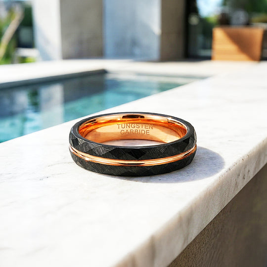 Chimes | Hammered Black and Rose Gold Grooved Faceted Tungsten Carbide