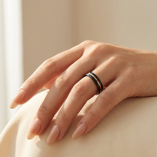 Chimes | Hammered Black and Rose Gold Grooved Faceted Tungsten Carbide