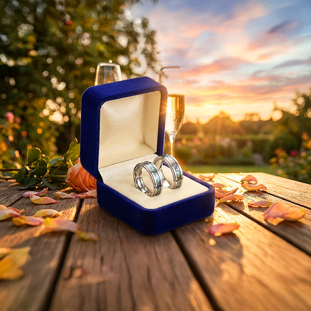 Cinnabar | Tungsten Couple Rings | Silver Opal Wedding Bands