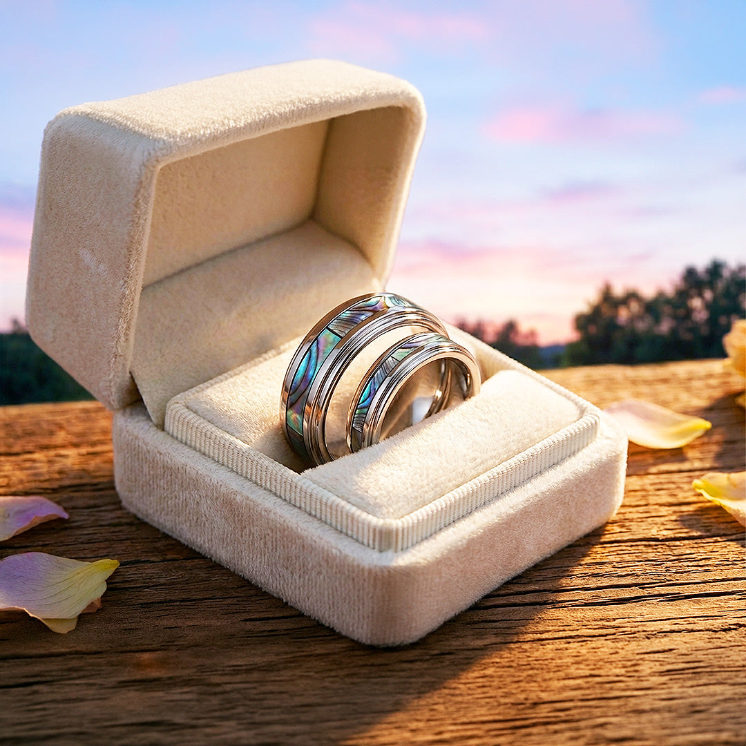 Cinnabar | Tungsten Couple Rings | Silver Opal Wedding Bands