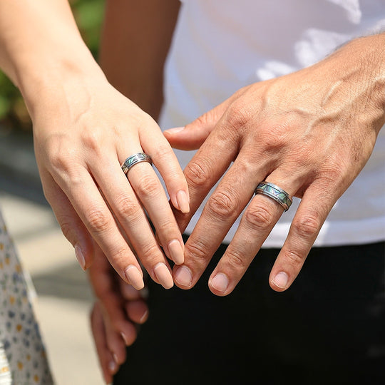 Cinnabar | Tungsten Couple Rings | Silver Opal Wedding Bands