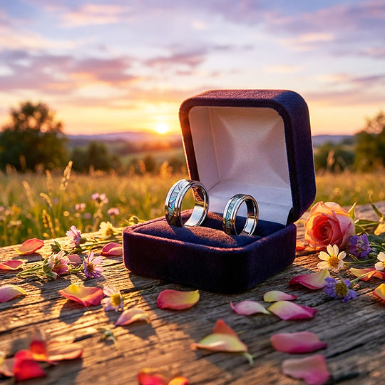 Cinnabar | Tungsten Couple Rings | Silver Opal Wedding Bands