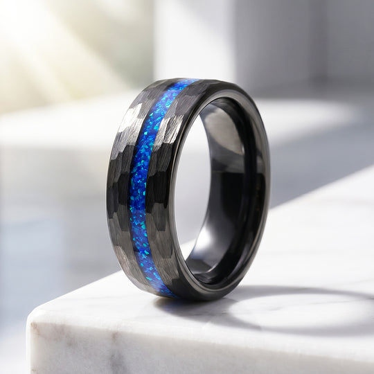 Crest | IP Black Hammered Blue Opal Inlay Tungsten Carbide Men&