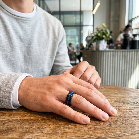 Crest | IP Black Hammered Blue Opal Inlay Tungsten Carbide Men&